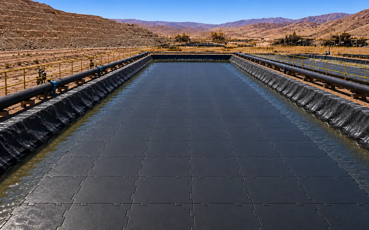 Copper leach solution pond with Solar Max Panels on the pond floor