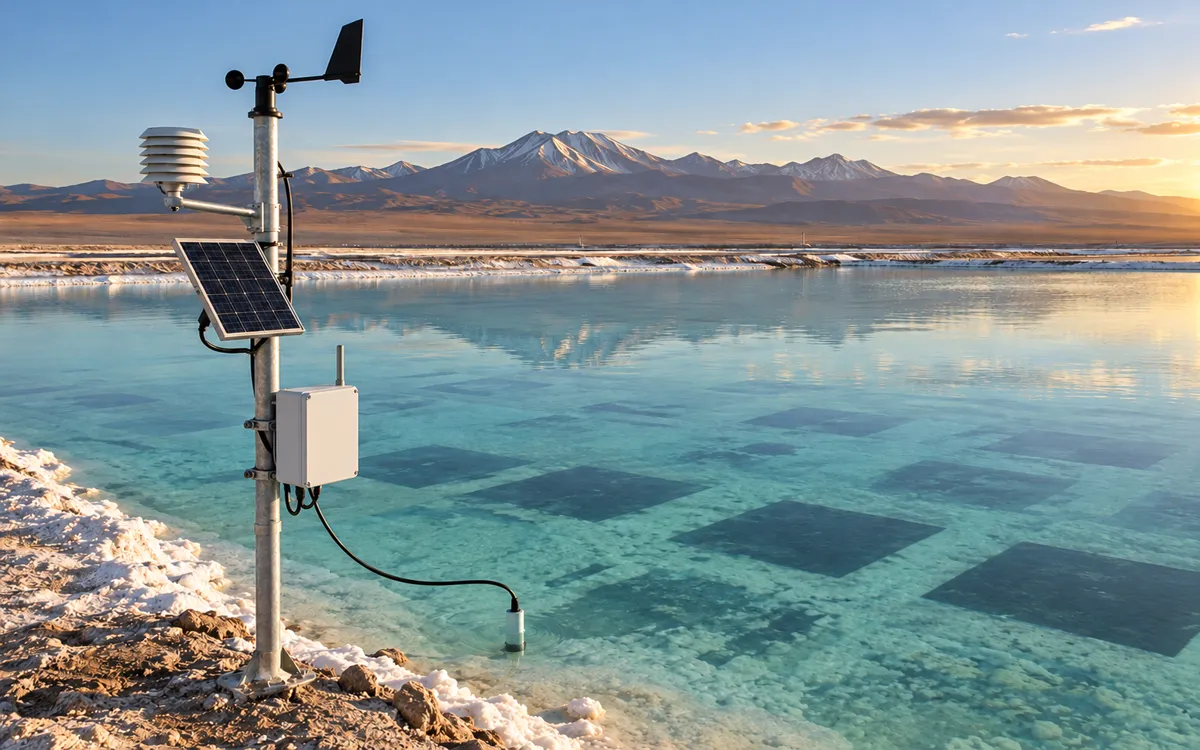 Solar-powered IoT gateway beside a brine pond
