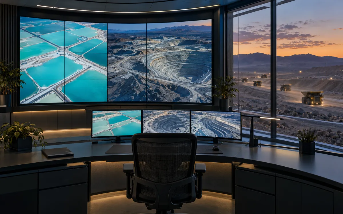 Mine operations center overlooking autonomous haul trucks